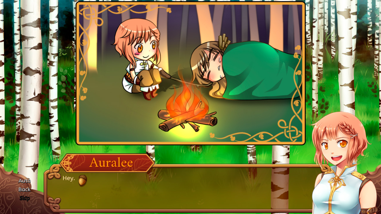 A camping scene in chibi form where our protagonist pokes her sleeping companion with a stick.