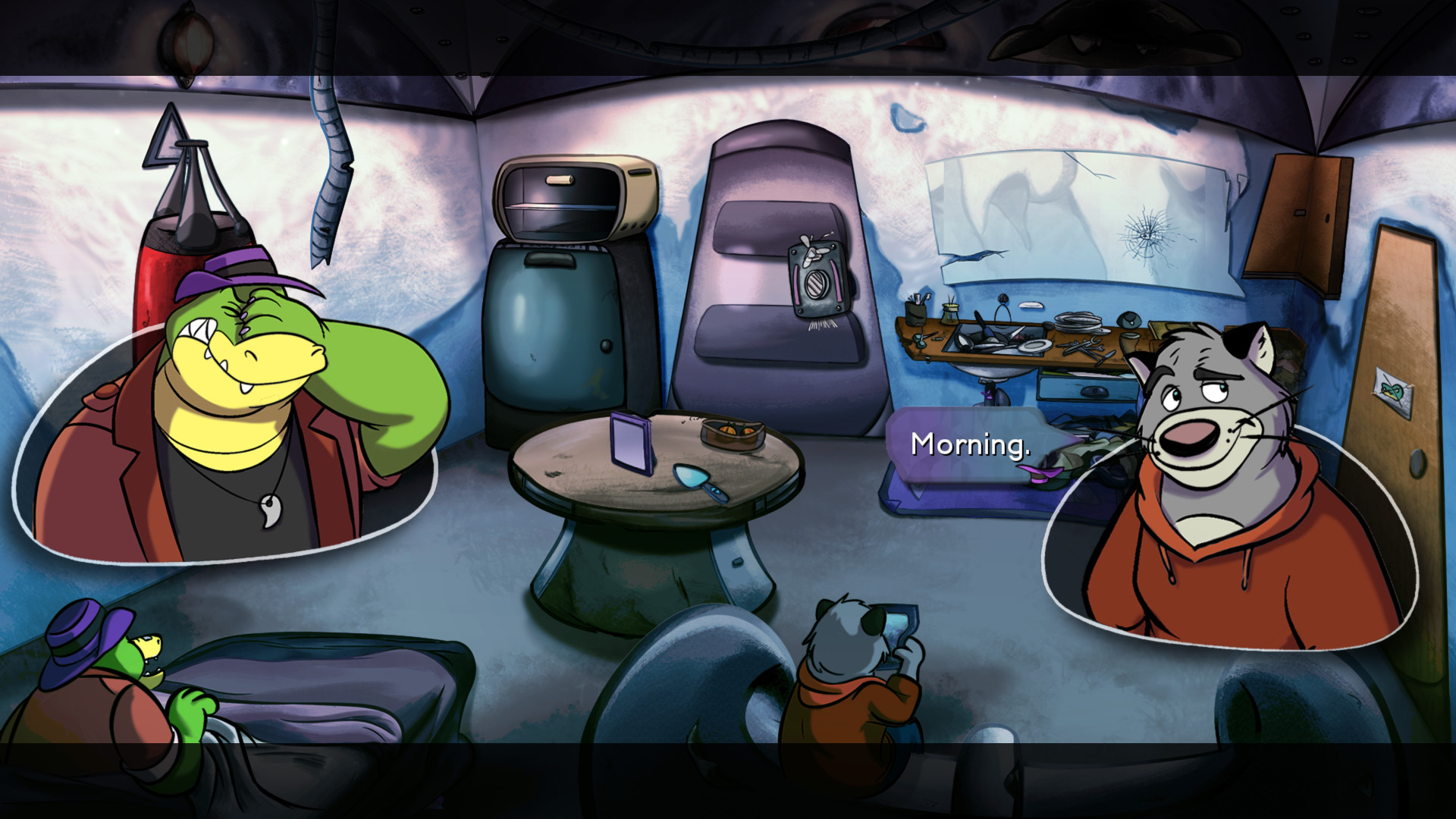 BROK the InvestiGator screenshot of anthropomorphic characters talking in an apartment. Alligator is doing a "facepalm" motion.