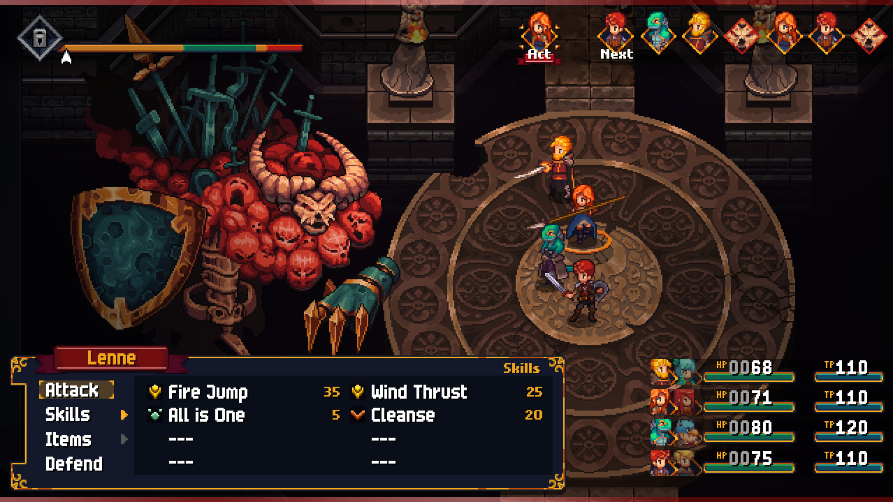 A battle against a boss in Chained Echoes. The boss is made of screaming faces of red flesh and many swords. The player's party consists of a red haired man, a lizard person, a spear wielding woman and a bearded man with a saber.