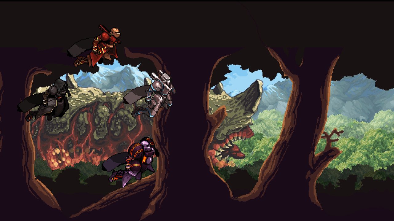 Four mecha fly in the foreground while following a giant monster through the silhouettes of trees in Chained Echoes.