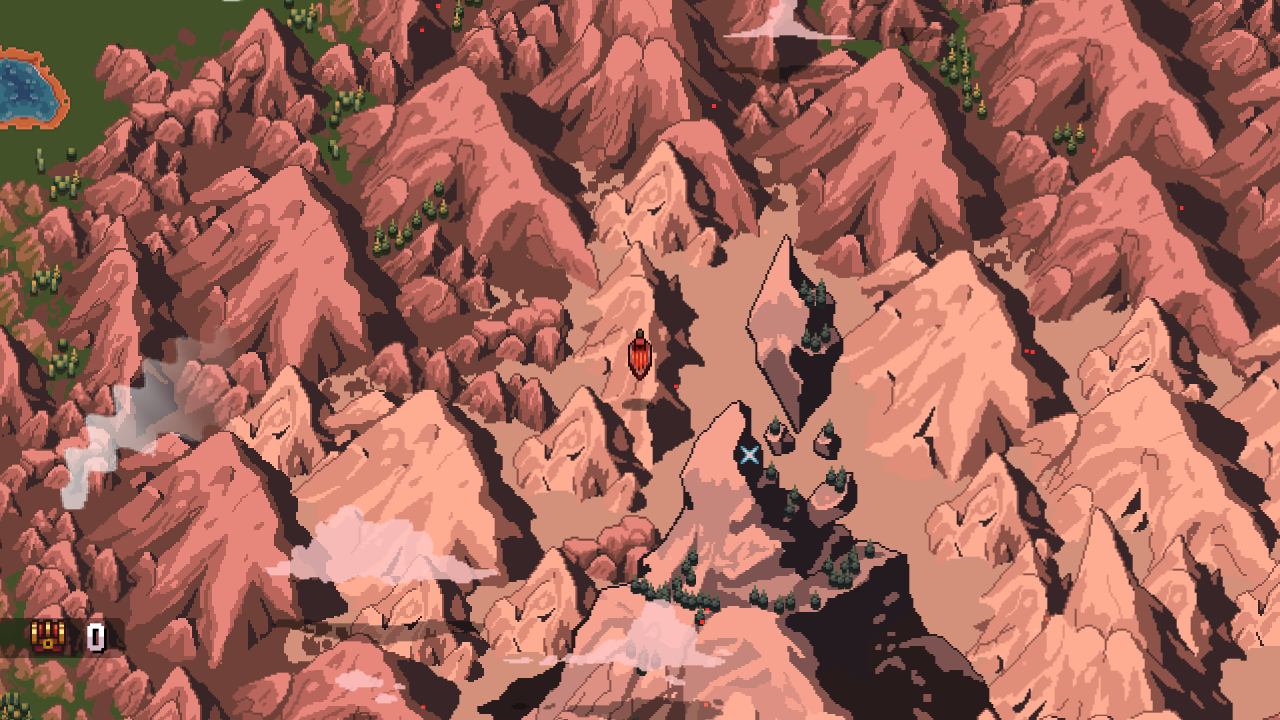 The world map in Chained Echoes. The player's airship floats above a mountain range and a point of interest sparkles below.