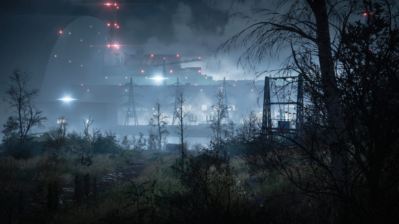 Chernobylite screenshot featuring Chernobyl nuclear facility seen through brush.