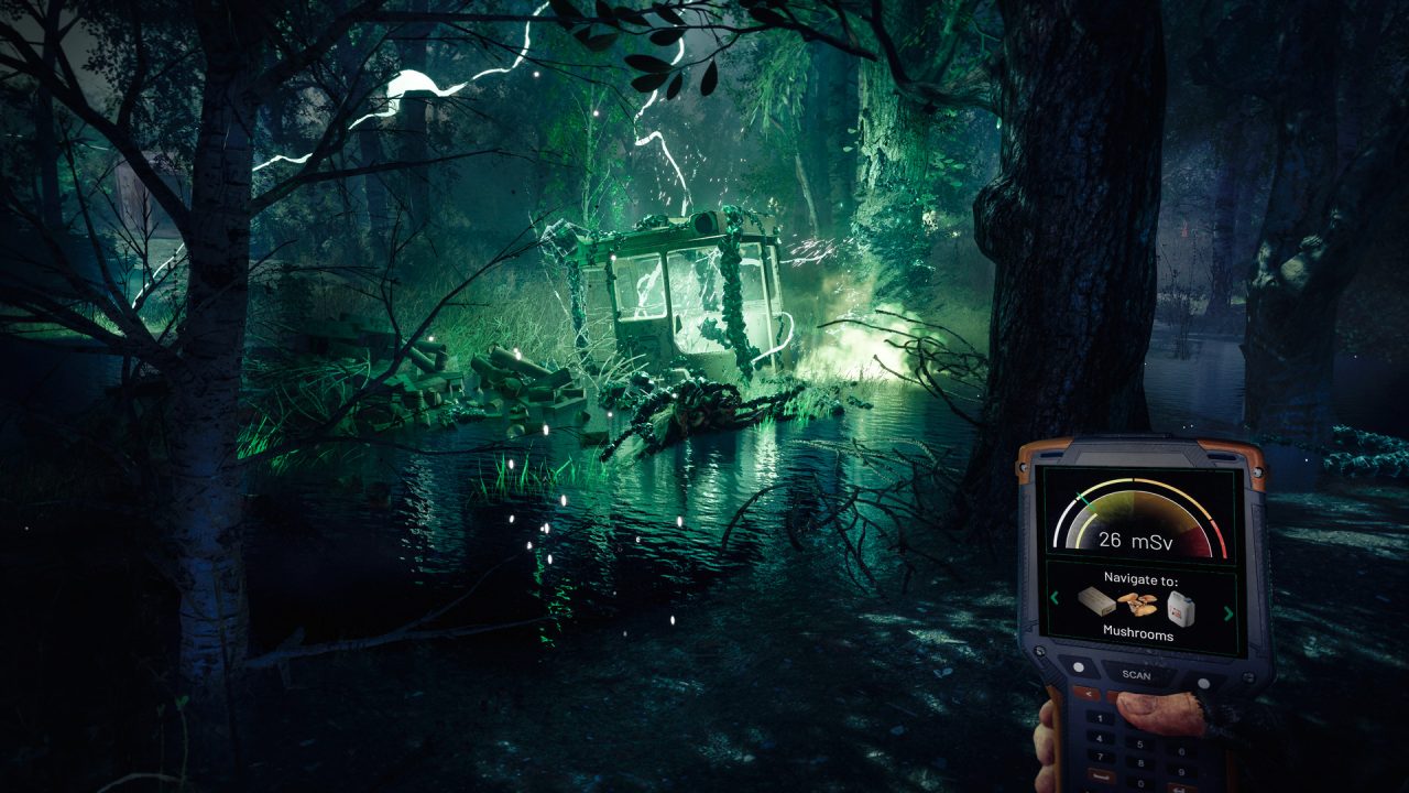 Green lightning strikes in a swampy area