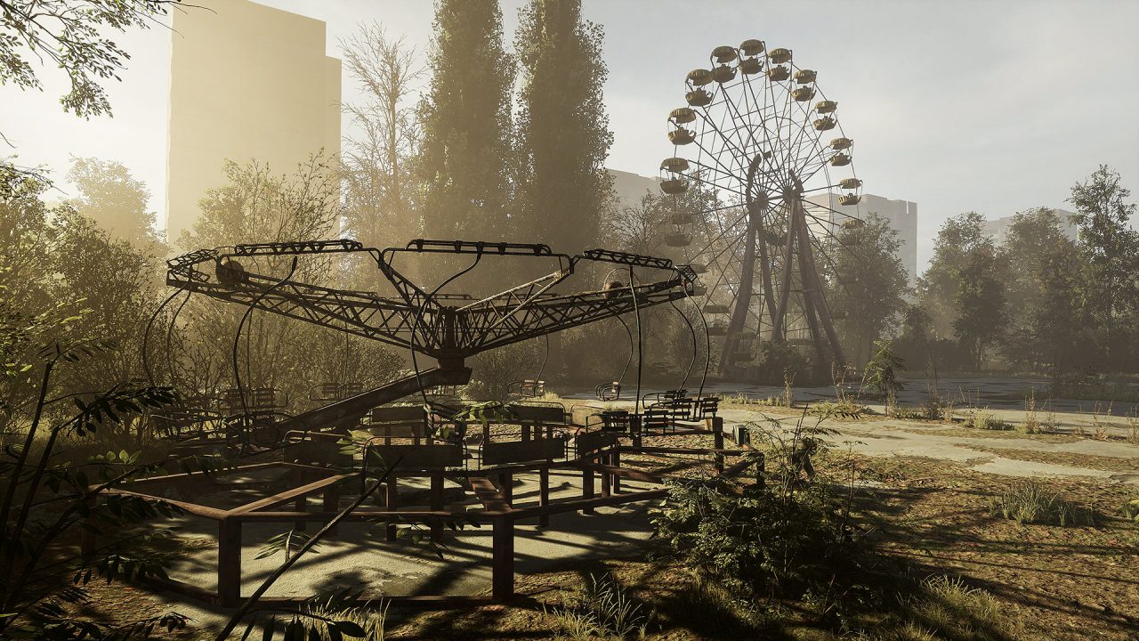 Some long-abandoned amusement park rides sit idle in Chernobylite.