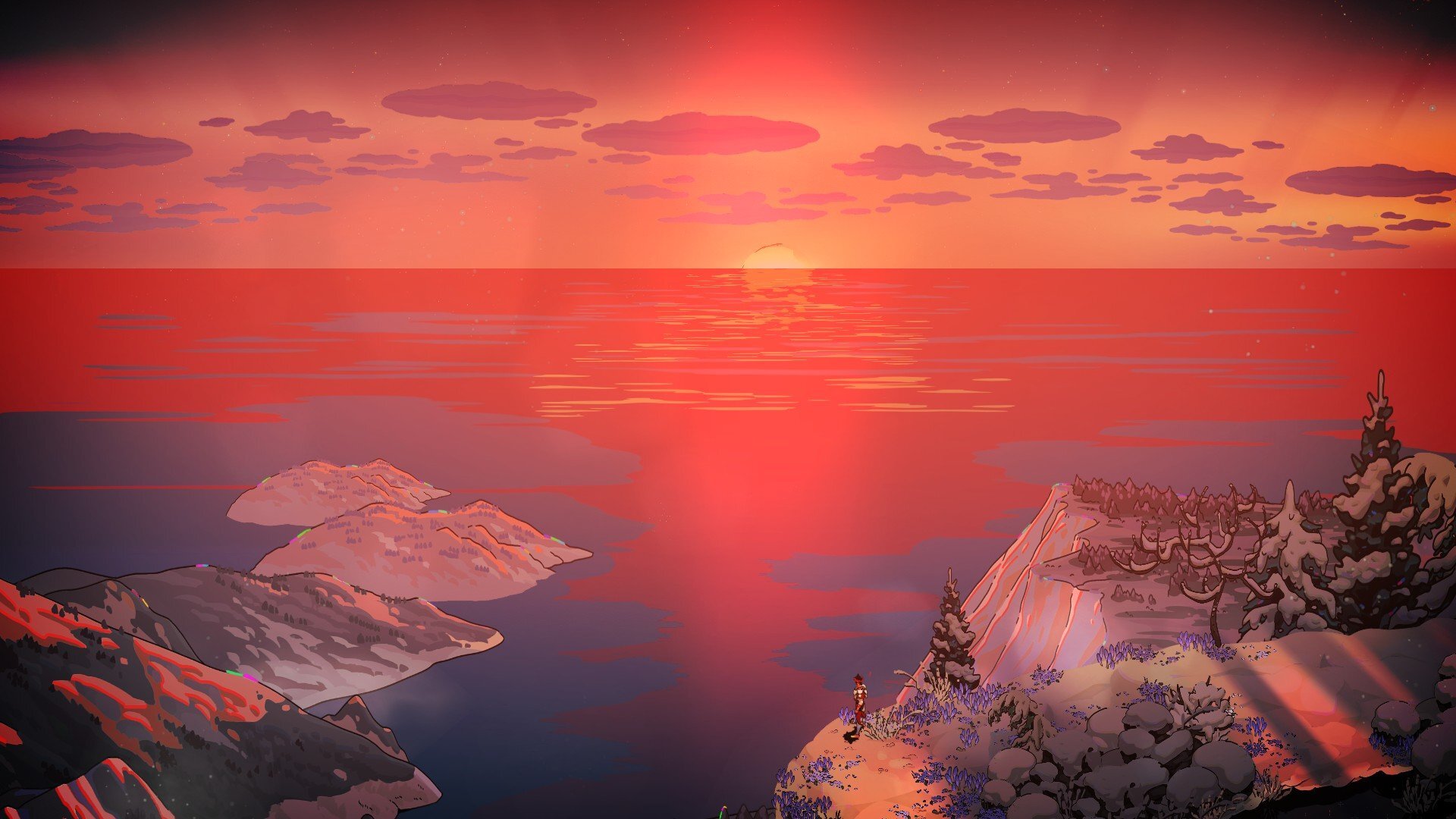 Zagreus staring off into the blood-red sunset.
