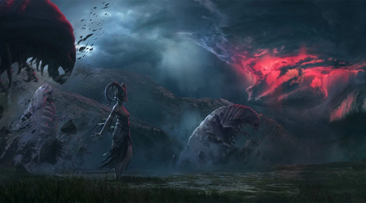 King Arthur Knight's Tale screenshot: giant worms erupt out of the ground alongside other enemies while a mysterious storm roils in the background