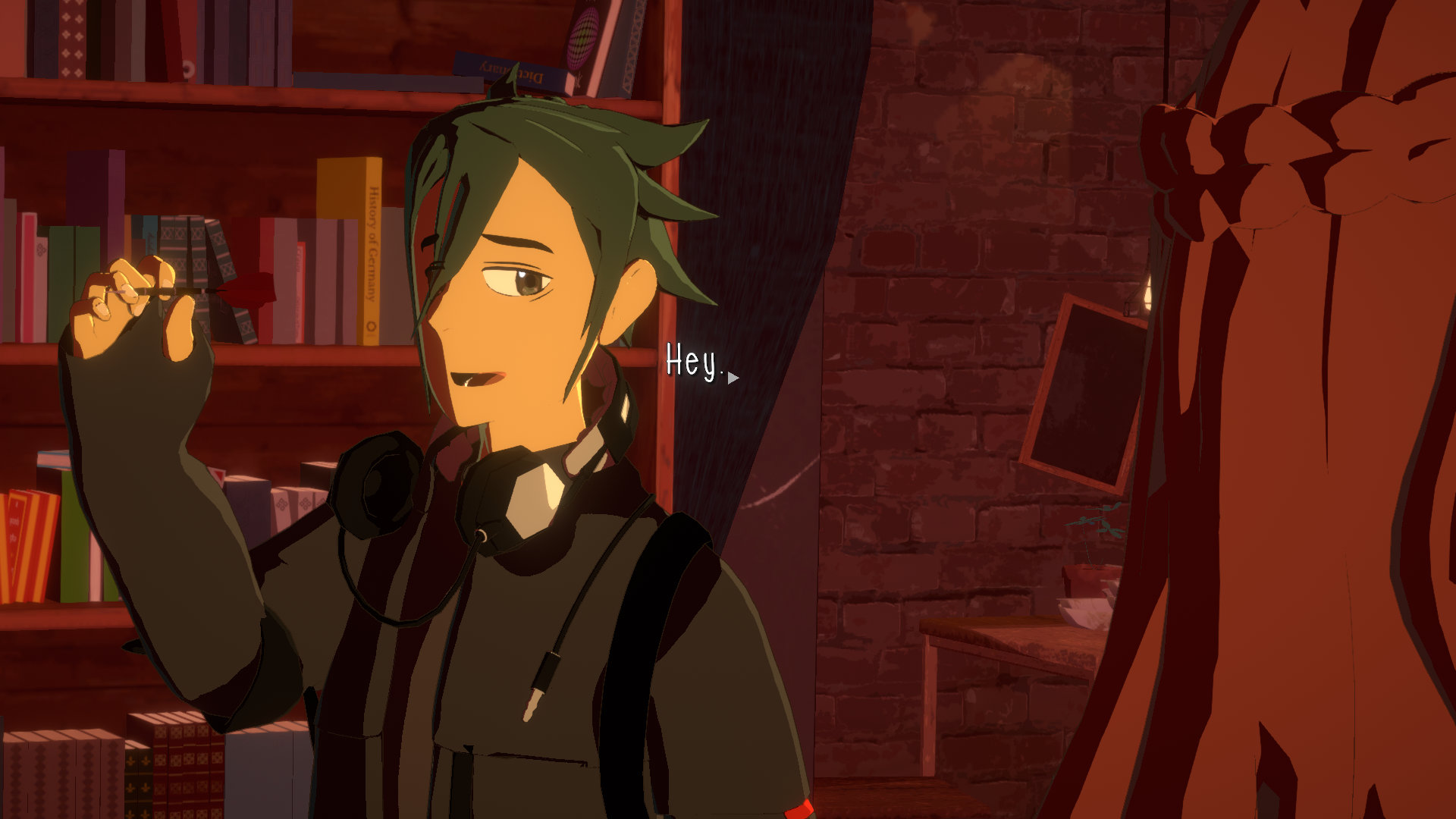 Necrobarista screenshot of a green-haired man holding a dart with headphones draped around his neck.