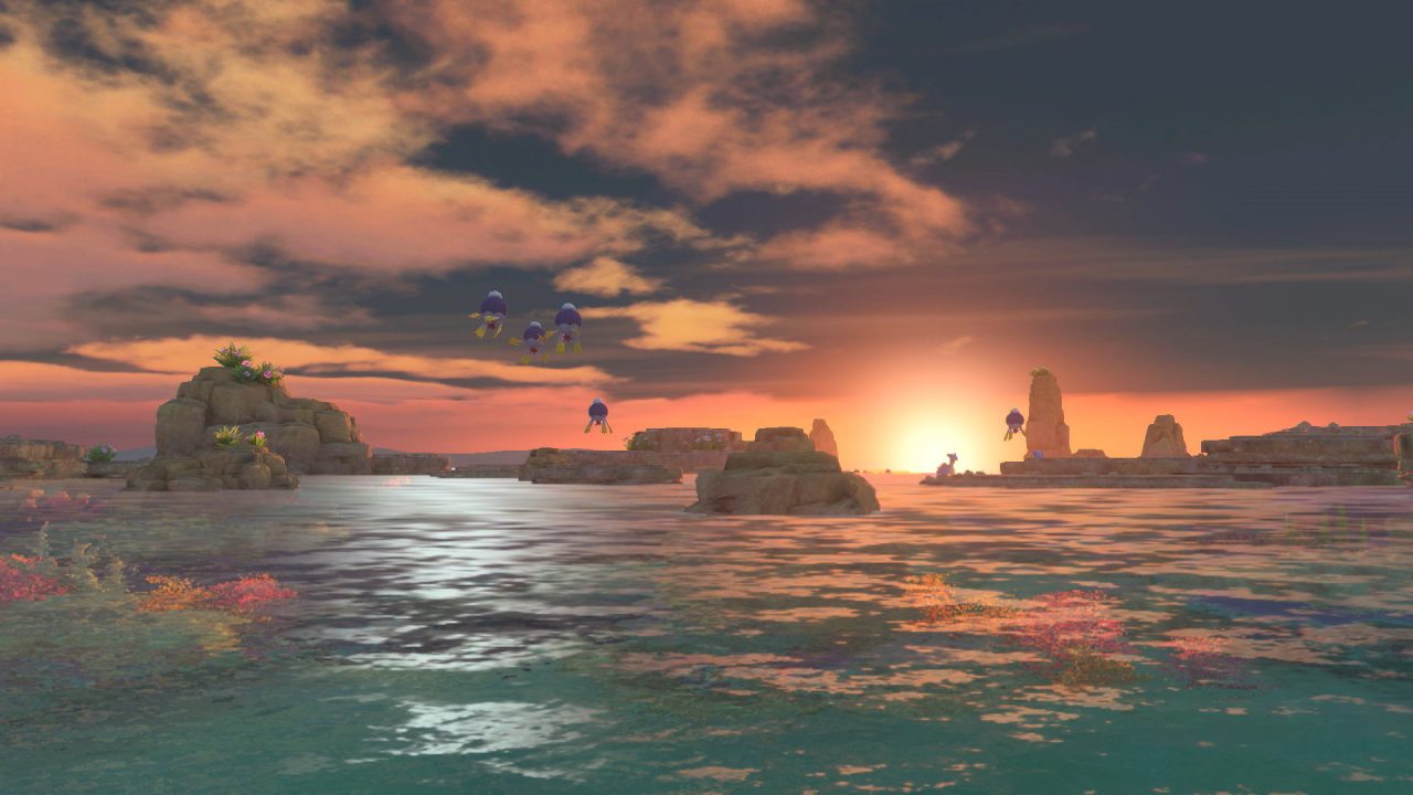 A reef at sunset, with Drifblim floating by and a Lapras on the horizon