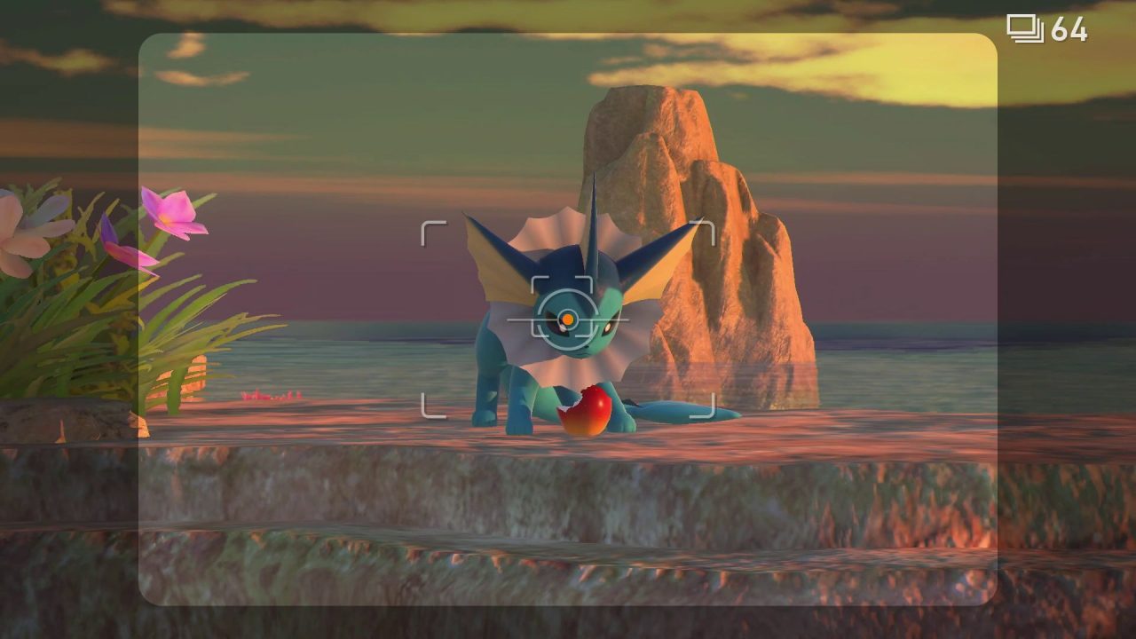 A Vaporeon eating a berry in New Pokémon Snap.