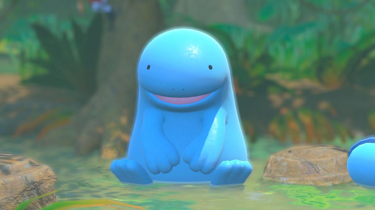A Quagsire being a quintessential Quagsire and sitting in some shallow water in New Pokémon Snap.