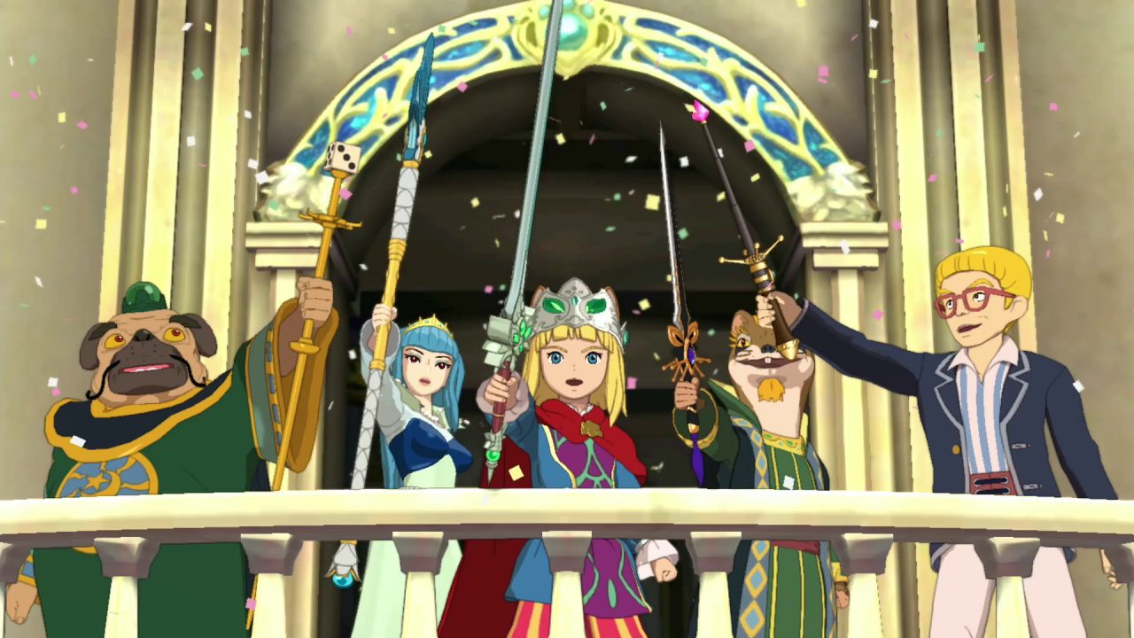 Characters celebrating by holding their swords in the air in front of a castle together in Ni no Kuni II: Revenant Kingdom.