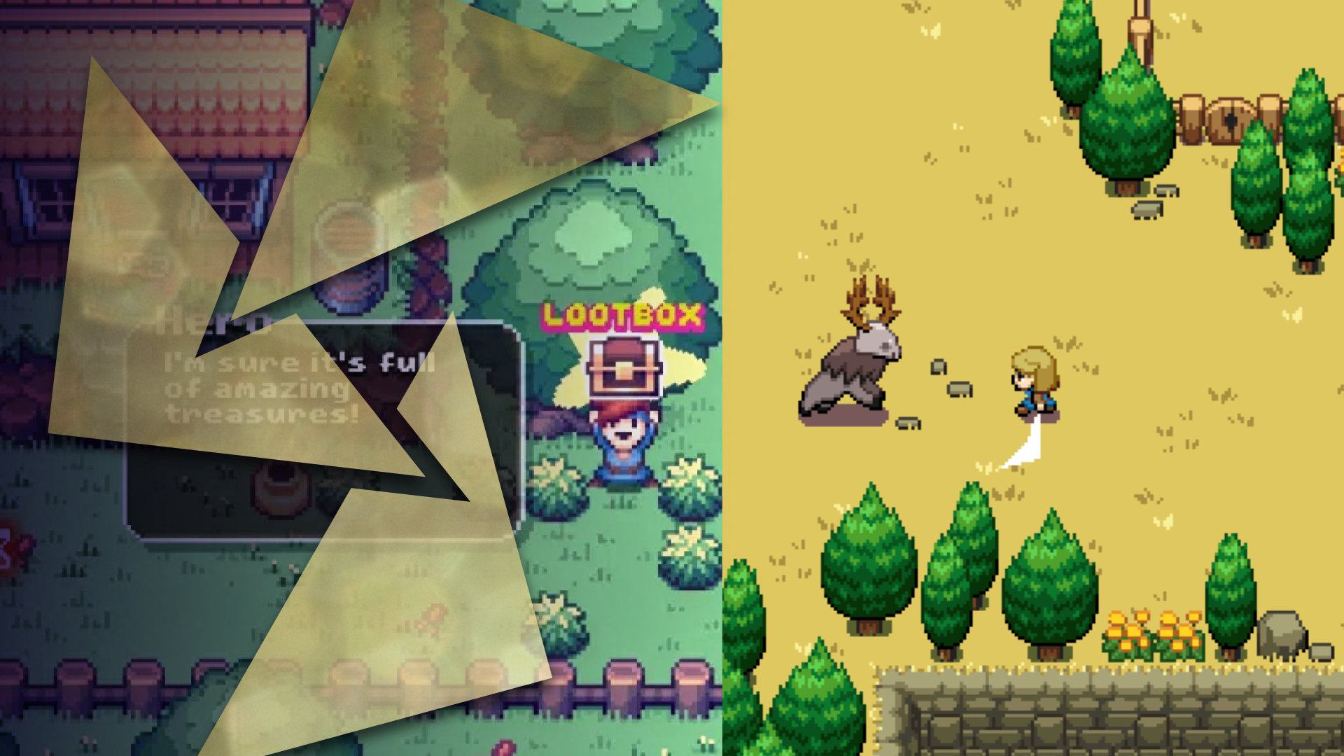 Two screenshots from different video games, one from There Is No Game: Wrong Dimension showing a boy holding a treasure aloft, the other from Ocean's Heart with a blond girl fighting a monstrous deer creature.