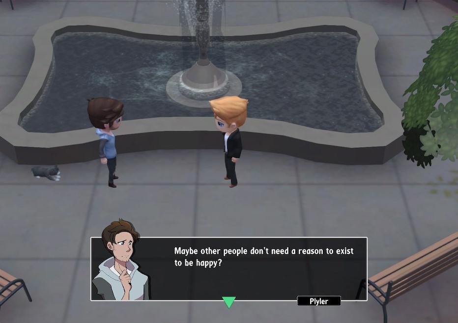 Woodsalt screenshot of a character asking "Maybe other people don't need a reason to exist to be happy?"