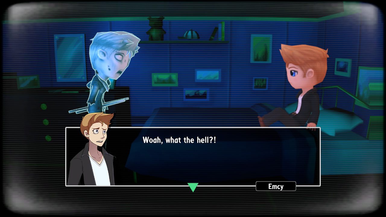 Woodsalt screenshot of a boy seemingly confronting a ghost version of himself in a dark room.