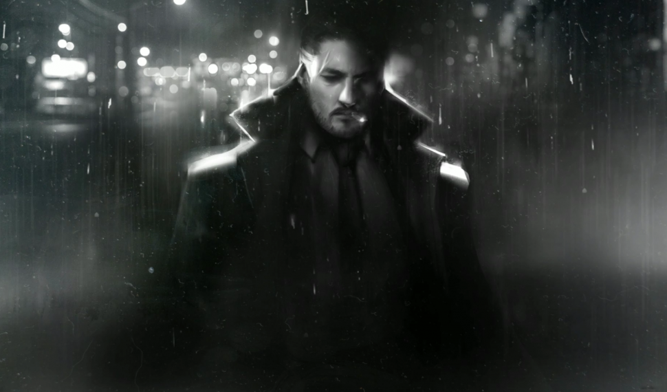 Dry Drowning dark, noir-style artwork of a a man in a trenchcoat with out of focus city lights in the background