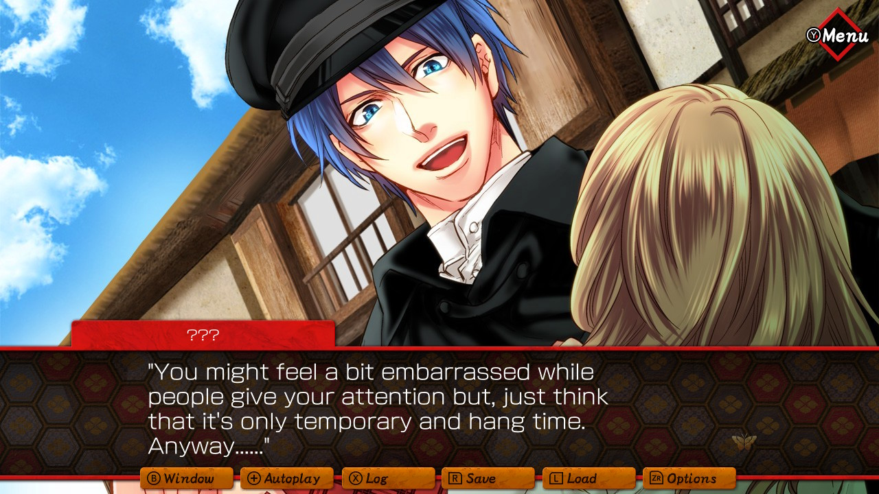 An excited male character converses with the protagonist in Yumemidori Nostalgia.
