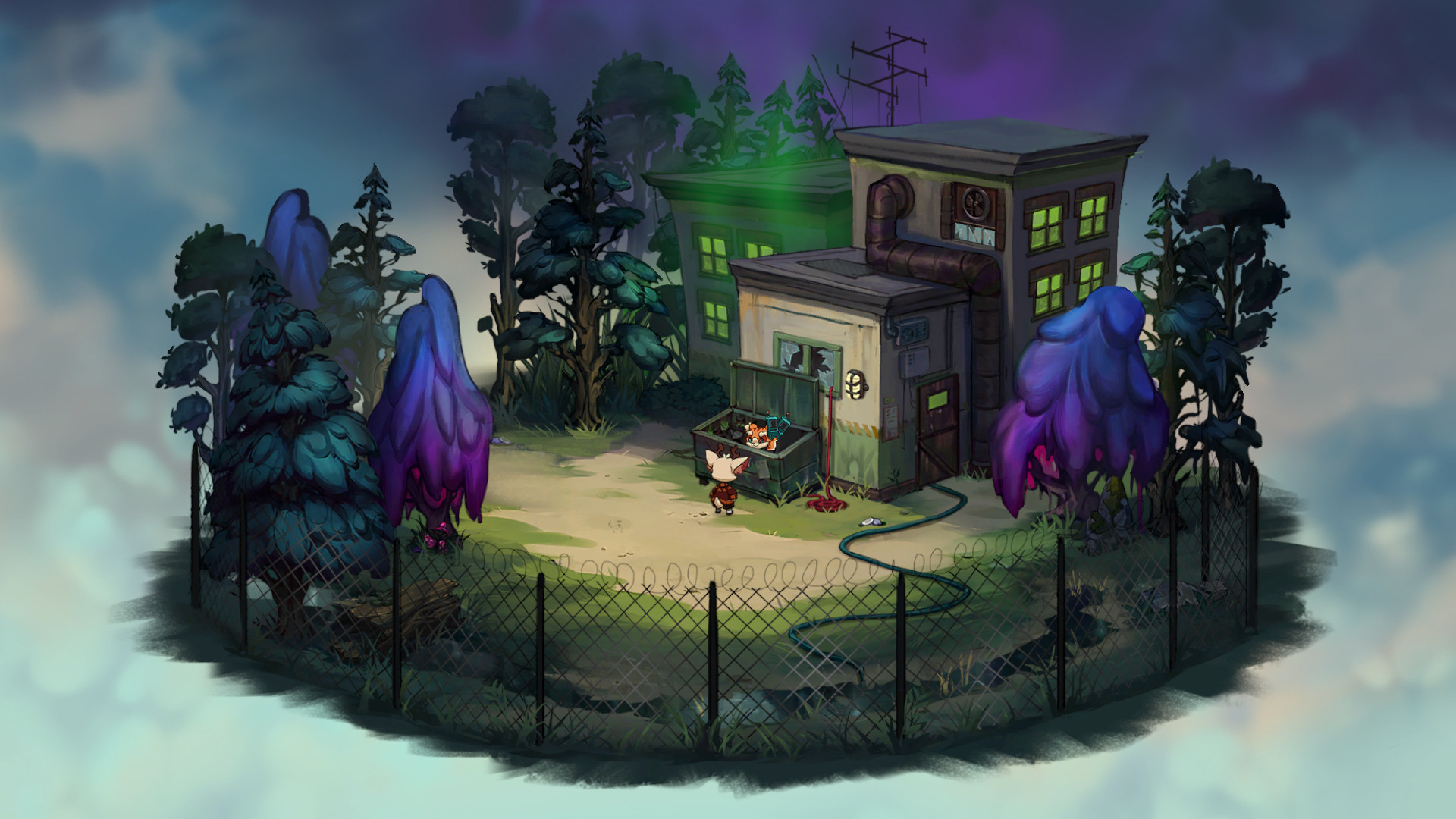 Cute anthro character approaching a dumpster with another character inside.