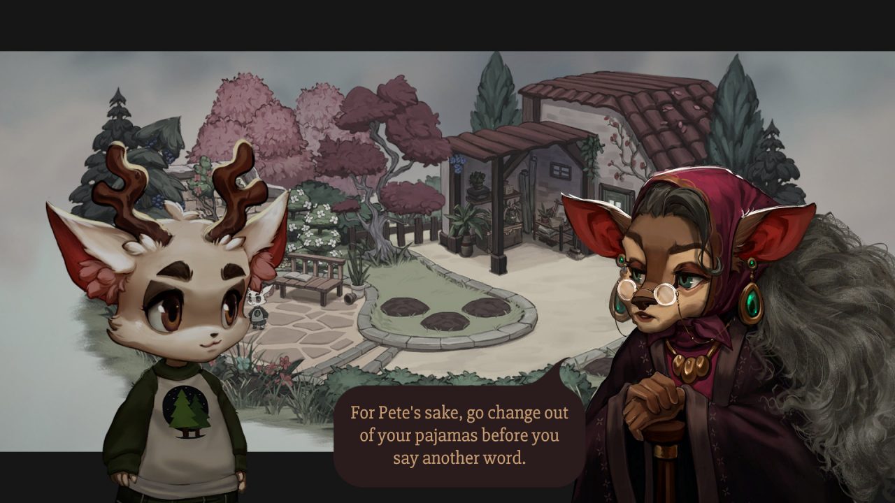 A conversation between two anthropomorphic deer of varying ages.: the elder tells the younger to change out of his pajamas.