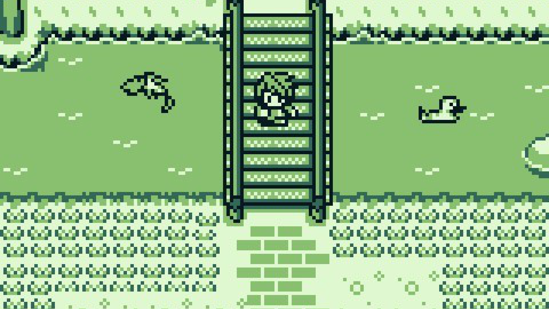 Dragonborne screenshot of a hero crossing a bridge over a river inhabited by a fish and duck.