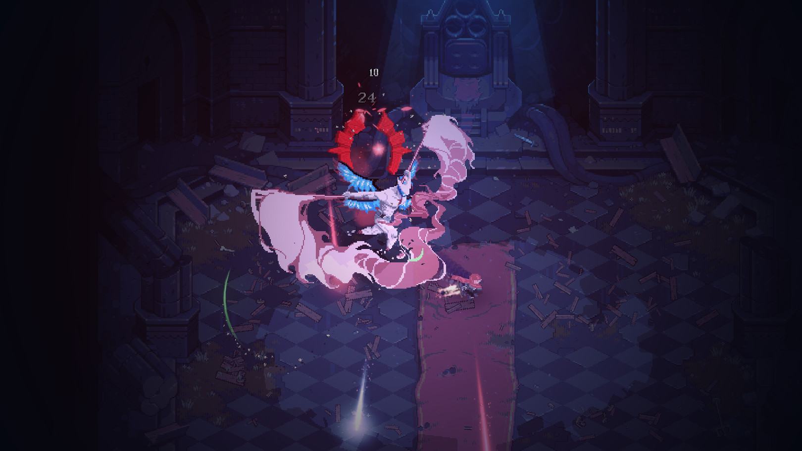 Eldest Souls Screenshot of a character battling a white angelic or demonic creature with four wings and a circular crest floating behind its head.