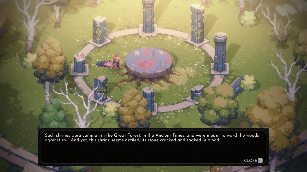 A shrine within a green-leafed area known as the Great Forest, with text stating that the shrine is soaked in blood, it's stone cracked, seemingly defiled.  