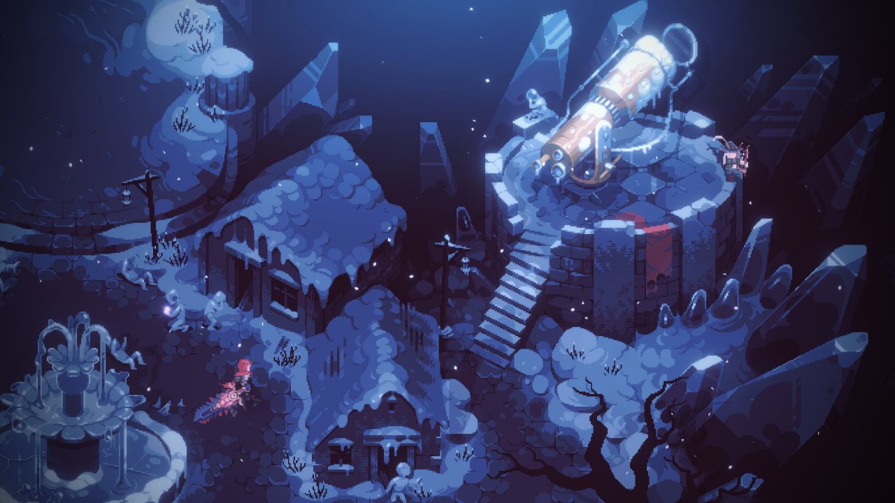 The nameless protagonist of Eldest Souls walking through a snow-covered village, icicles covering the roofs.