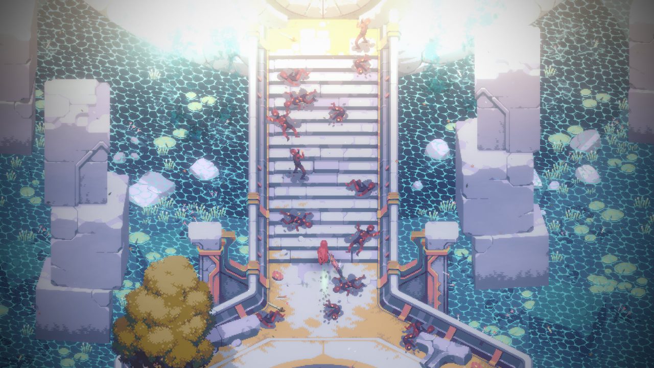 A stairway within ruins, leading up to light.