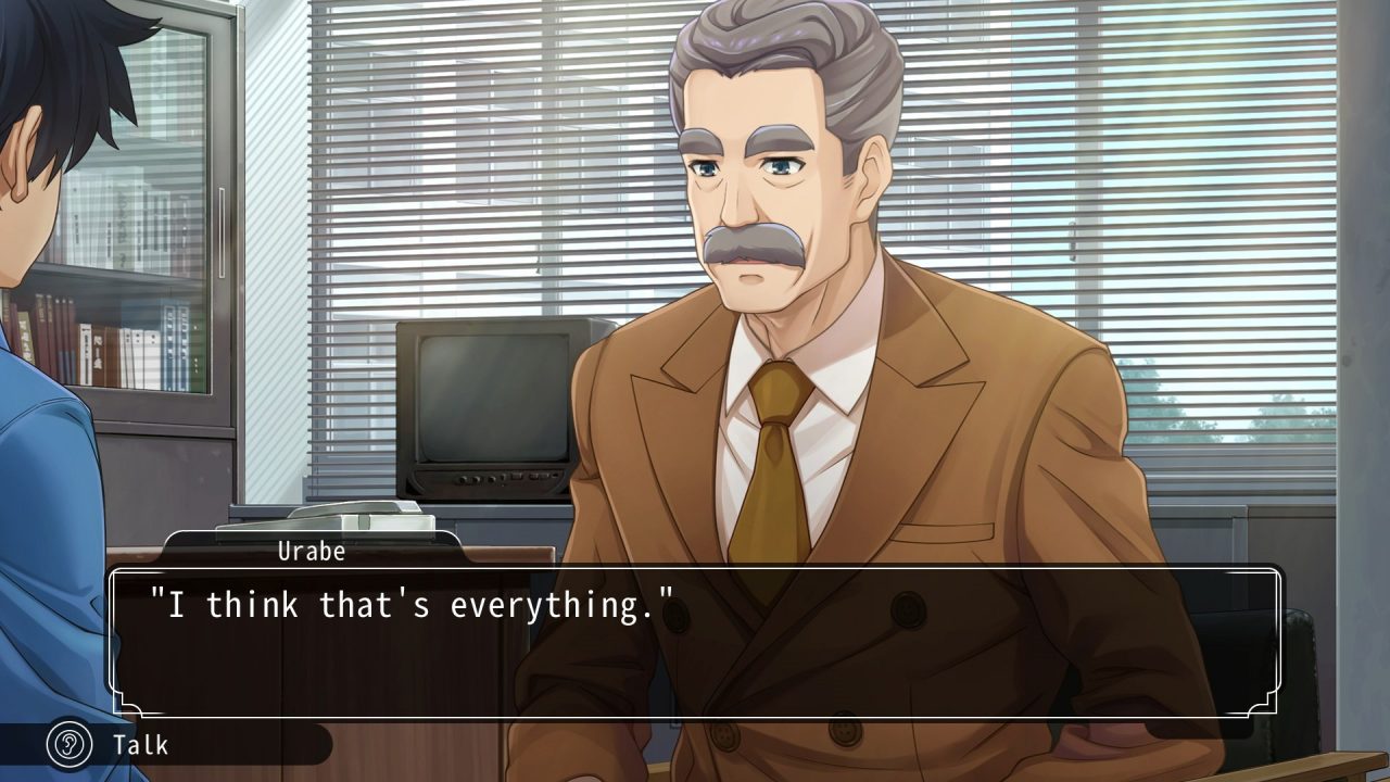 Urabe talks to a character in the principle;s office in Famicom Detective Club: The Girl Who Stands Behind