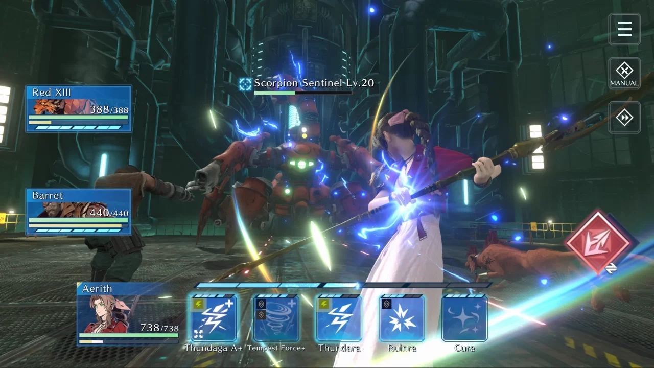 A screenshot of battle gameplay from Final Fantasy VII Ever Crisis with Aerith making an attack.