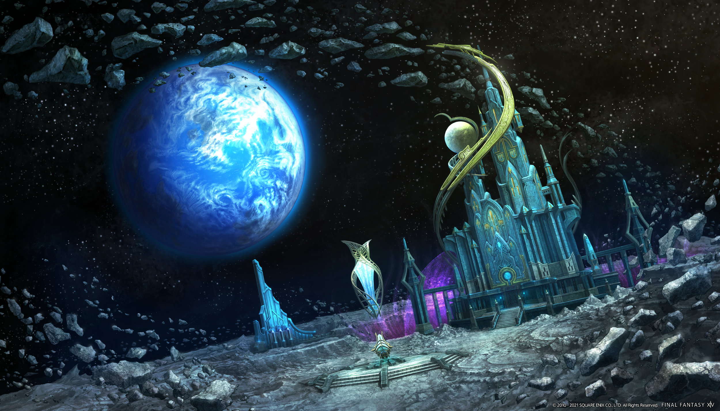 A shot on the moon, looking at Eorzea, in Final Fantasy XIV Endwalker
