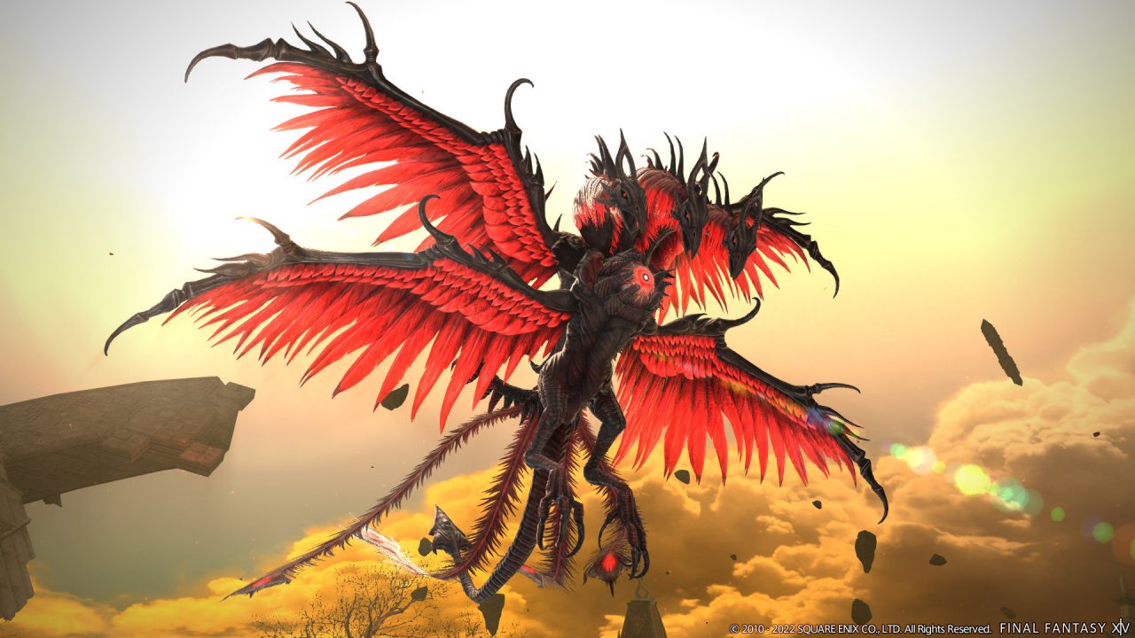 Final Fantasy XIV: Endwalker screenshot of a three-headed fiery bird boss that is black and red, has three heads, and four wings.