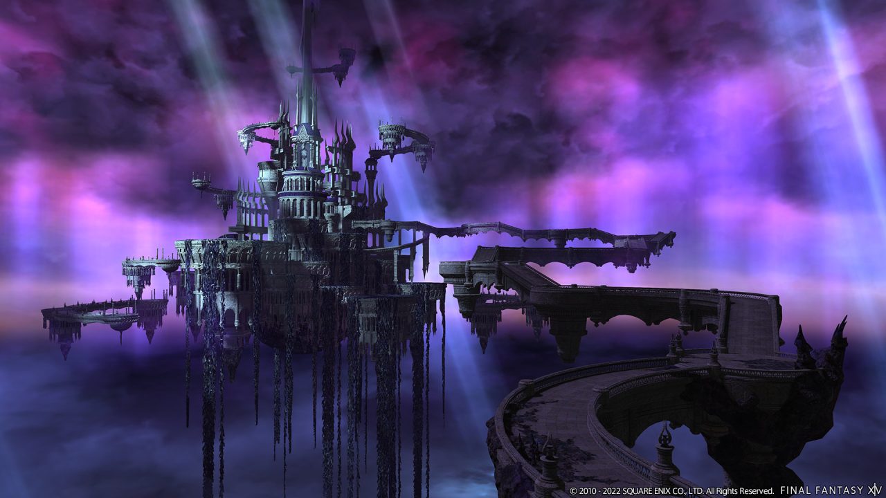 Final Fantasy XIV Endwalker screenshot of a foreboding, floating castle shrouded in dark purple clouds.