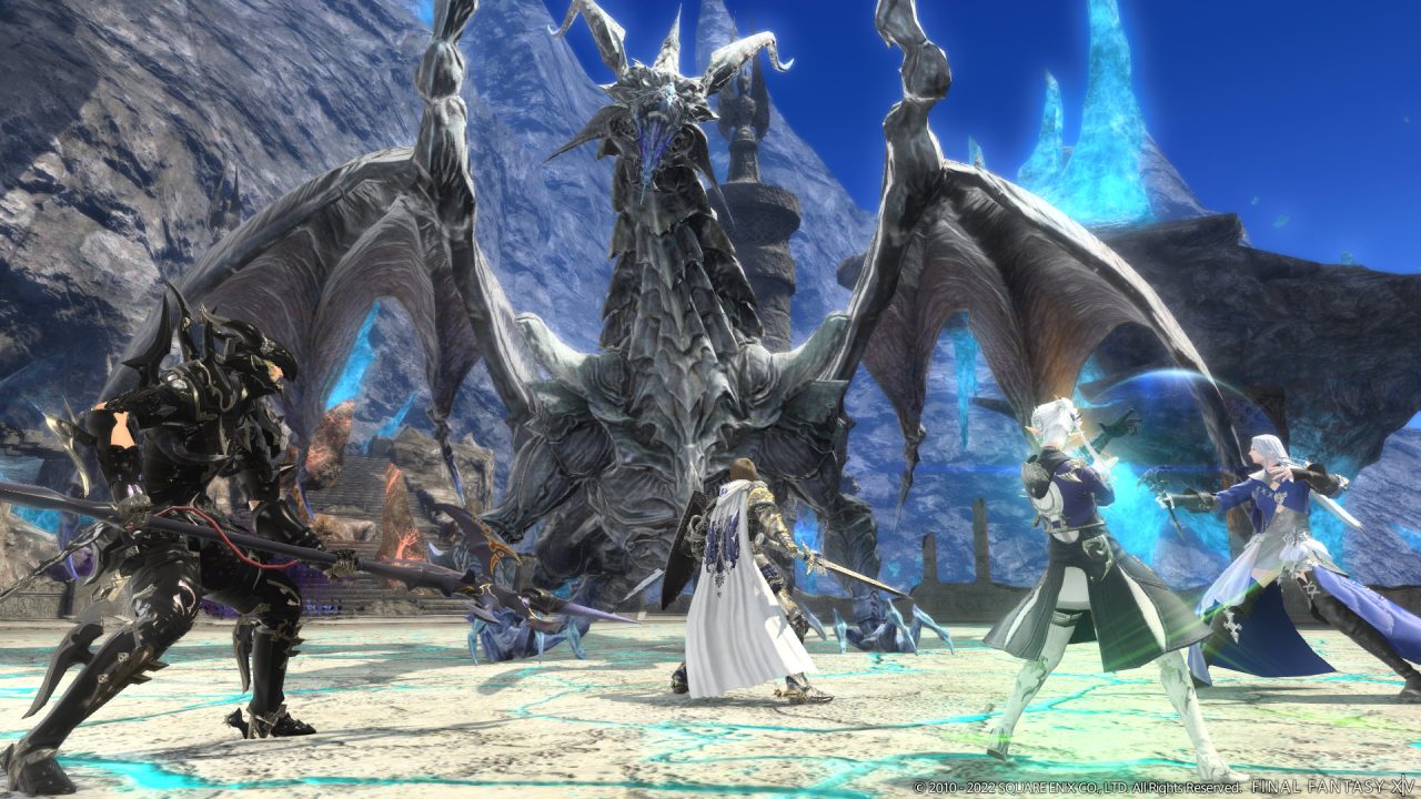Final Fantasy XIV Endwalker screenshot of the Warrior of Light, Estinien Wyrmblood, Alphinaud Leveilleur, and Ysayle Dangoulain facing off against the dragon Tioman in the Sohm Al dungeon.
