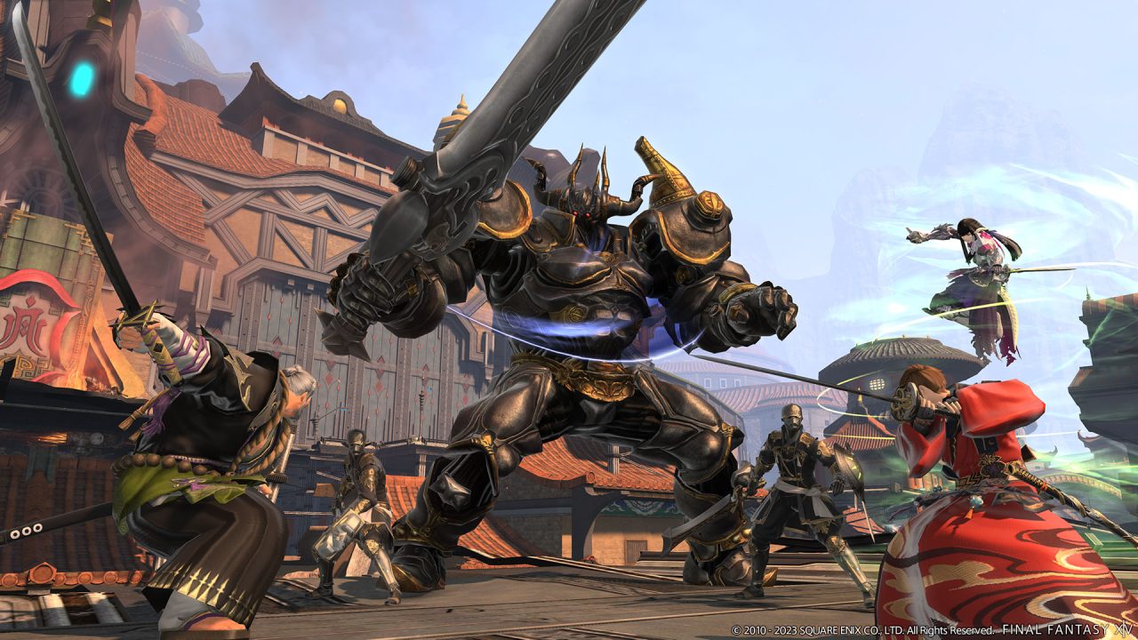Final Fantasy XIV Endwalker: Patch 6.4 screenshot of the Warrior of Light taking on enemies in Doma Castle with the Duty Support help of Gosetsu and Yugiri.