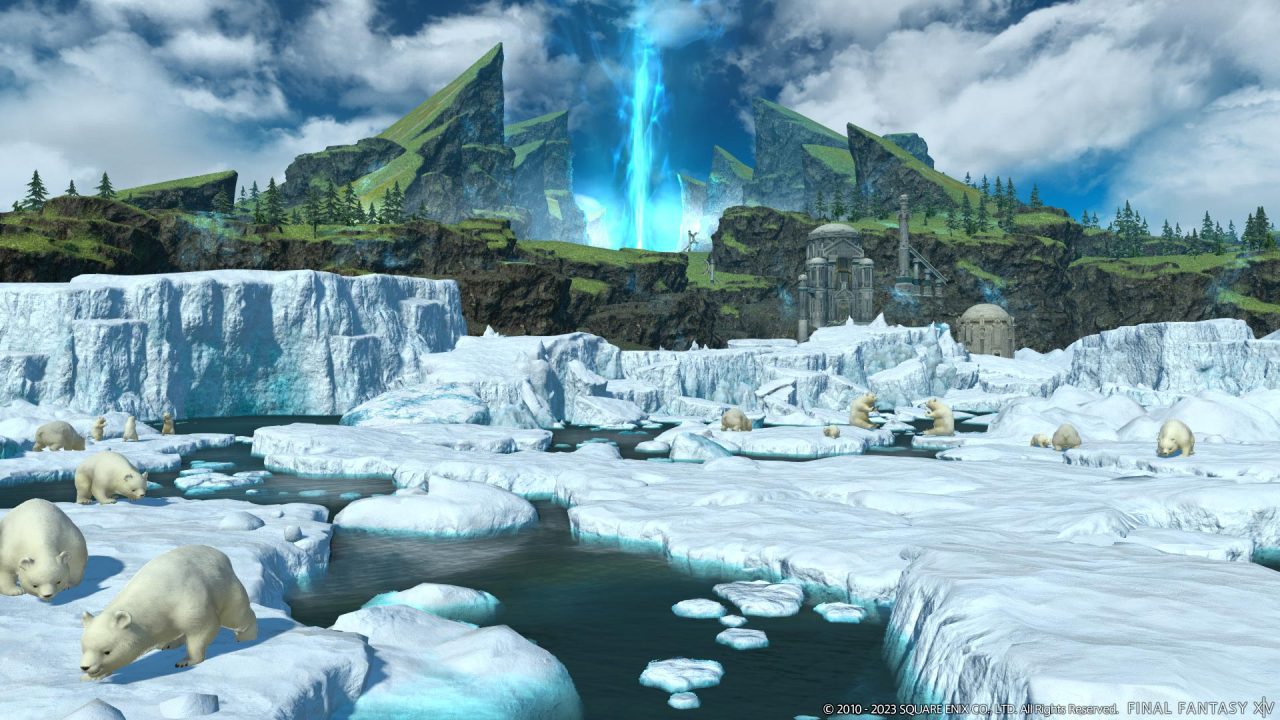 Final Fantasy XIV Endwalker: Patch 6.4 screenshot of the Aetherfont, an island with ice flows and polar bears in the foreground, green peaks in the background, and a blue pillar of aether surging in the middle.