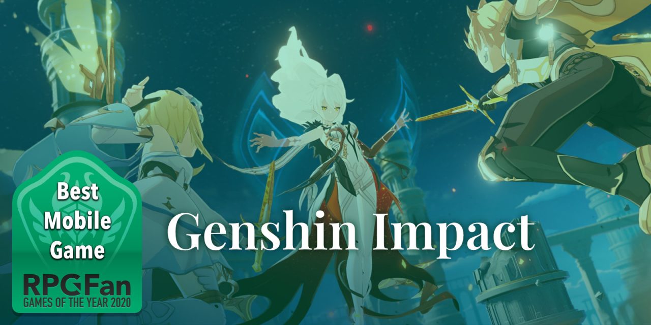 RPGFan Best Mobile Game 2020 Banner featuring a party in Genshin Impact confronting a white-haired person.