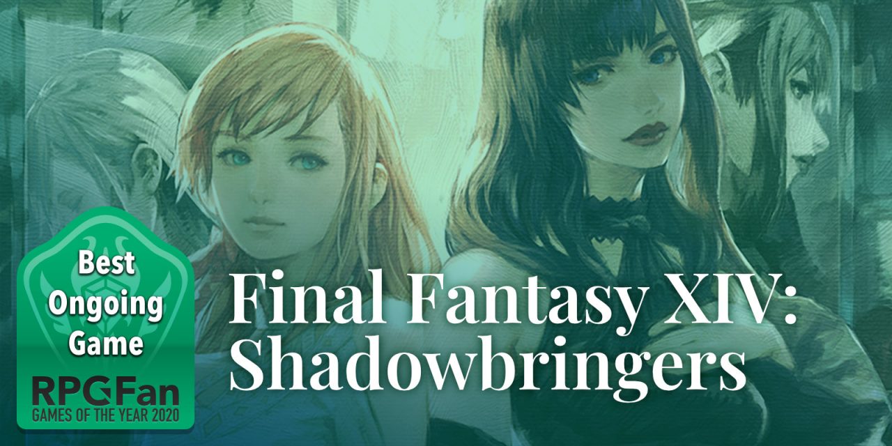 RPGFan Best Ongoing Game 2020 Banner featuring the artwork from the Futures Rewritten patch of Final Fantasy XIV, with the two central female characters front and center.