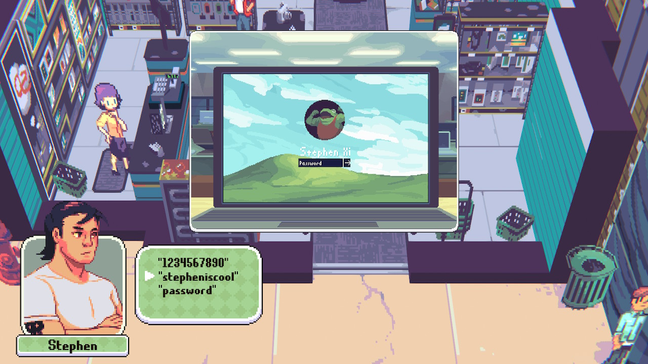A character considers options for a computer password in Half Past Fate: Romantic Distancing.