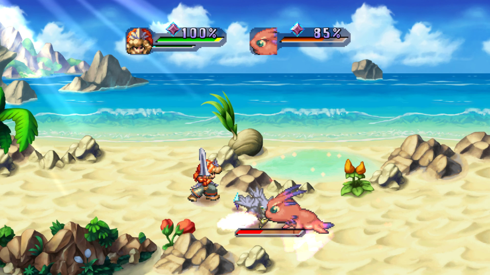 Legend of Mana Remaster screenshot of a boy with a sword and his pet monster attacking an enemy on a bright, sunlit beach.