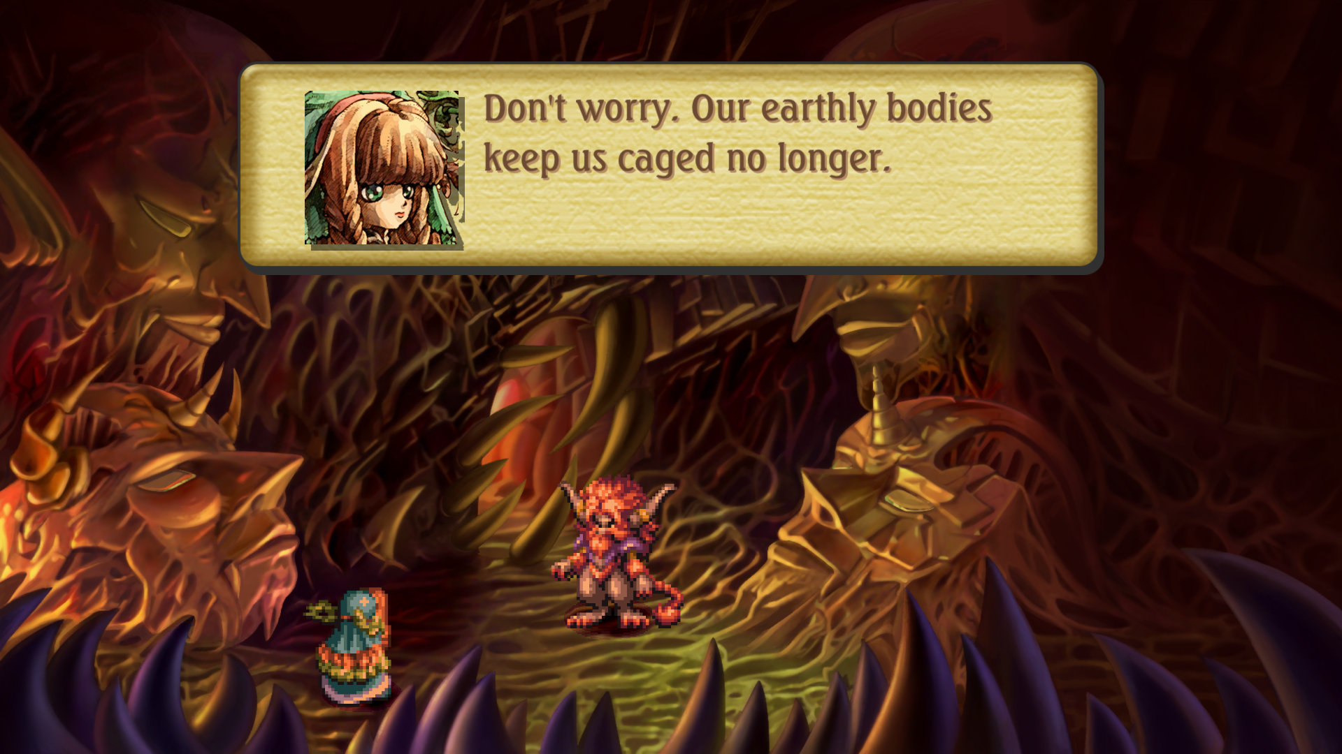 You needn't worry, because their earthly bodies keep them caged no longer in Legend of Mana. Two characters stand in the middle of a cave.