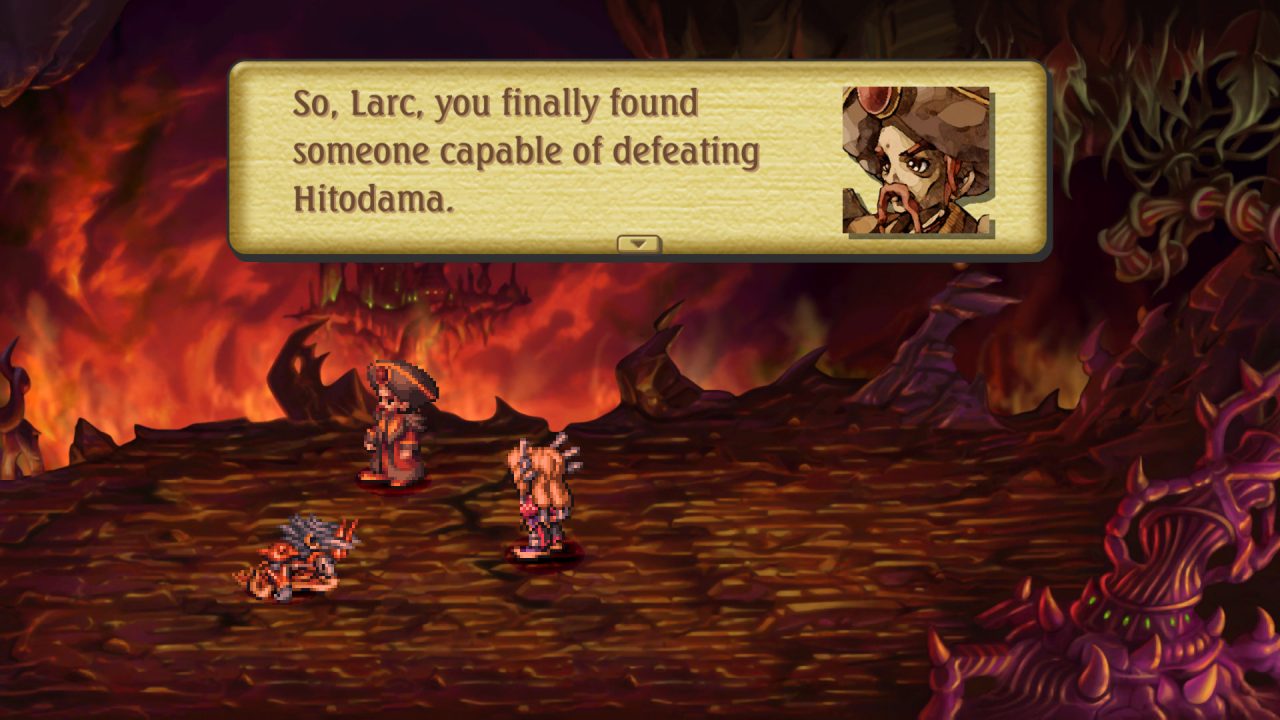 Drakonis talks down to Larc in a fiery cave in Legend of Mana