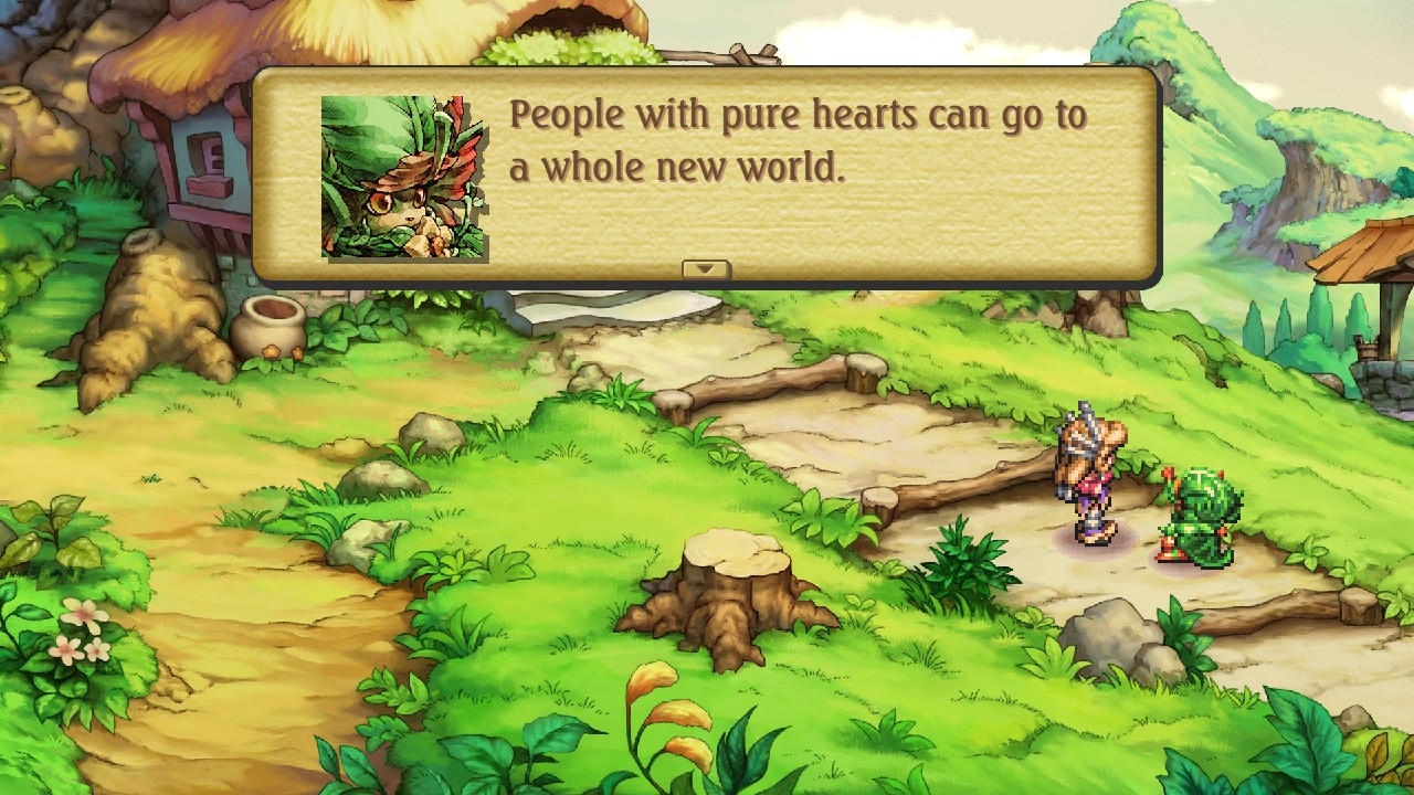 A Sproutling talks to the hero outside home in Legend of Mana.