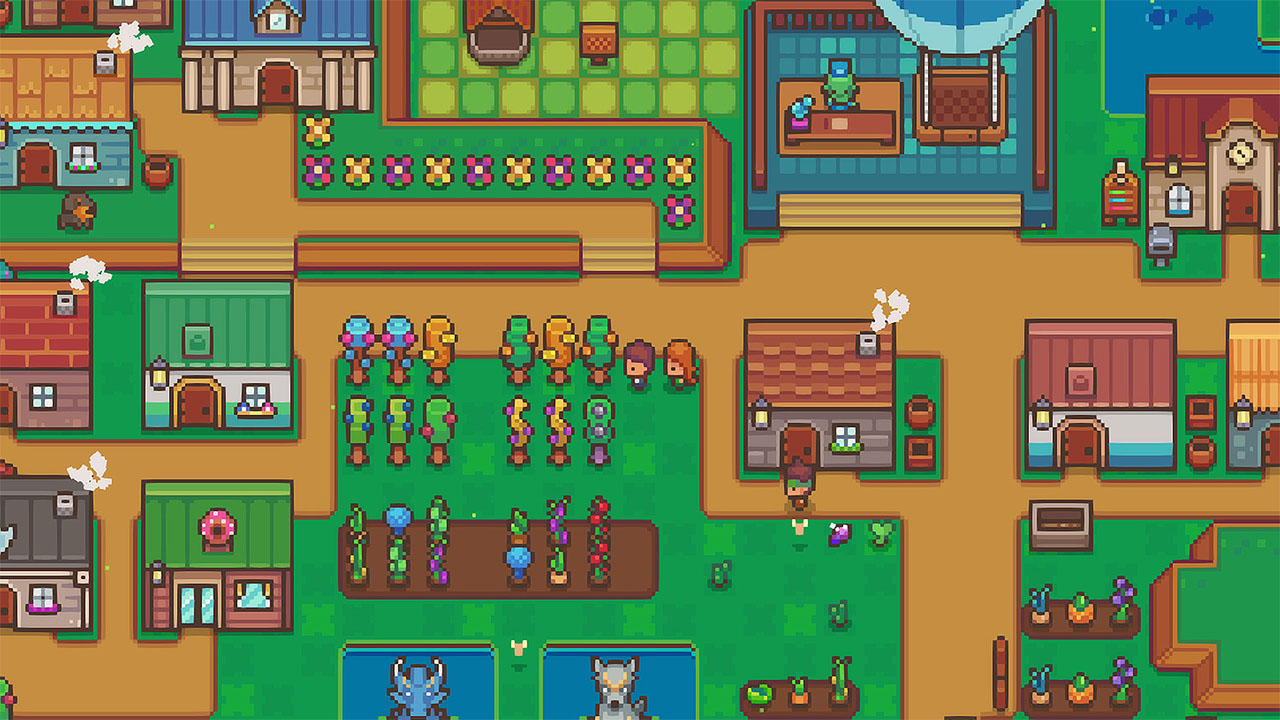 Cute pixel characters explore a colorful down and fantasy-styled trees and crops in this Littlewood screenshot.
