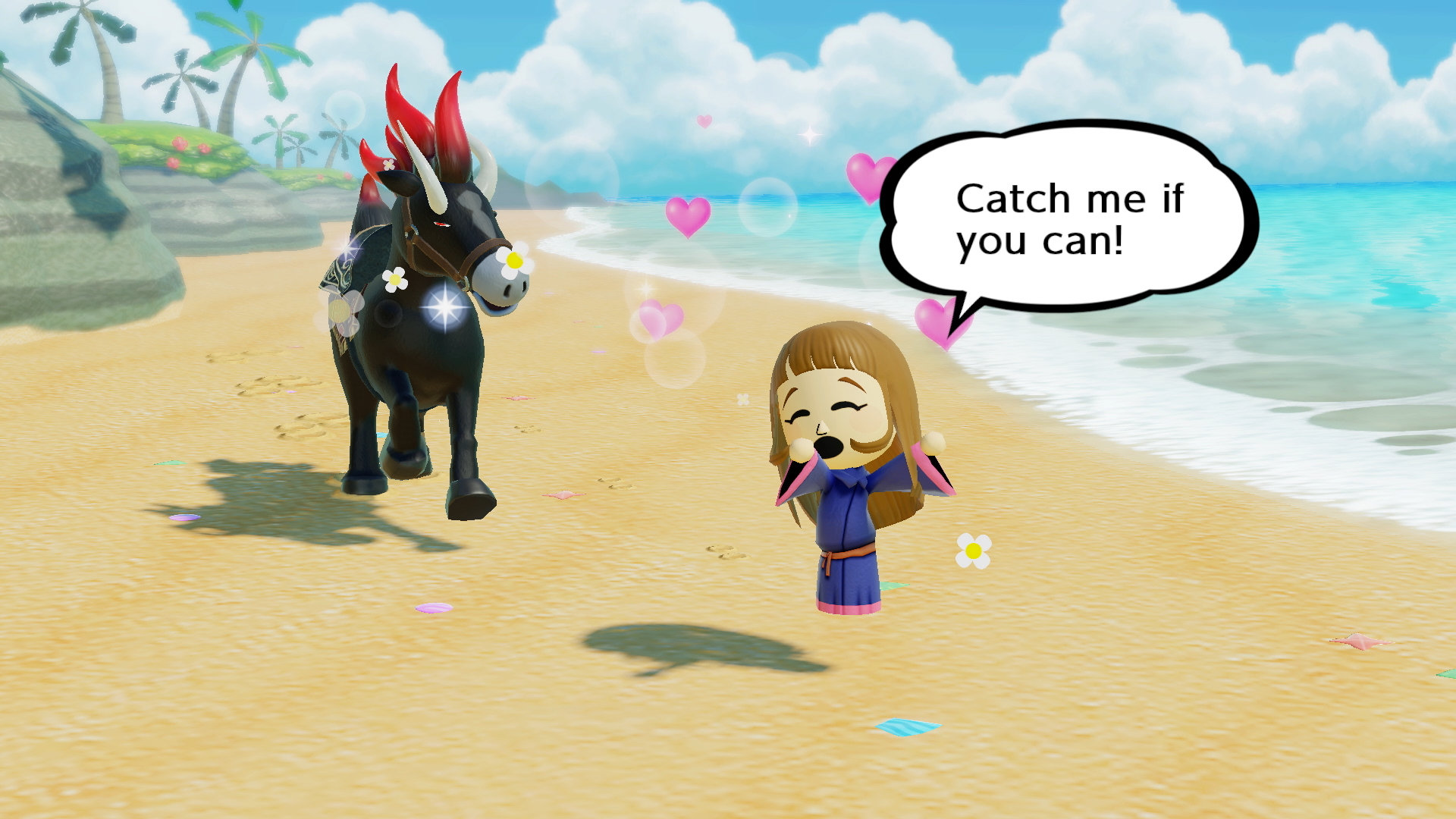 Miitopia screenshot of a girl in a kimono running from a black horse on a beach with hearts swirling around her head.