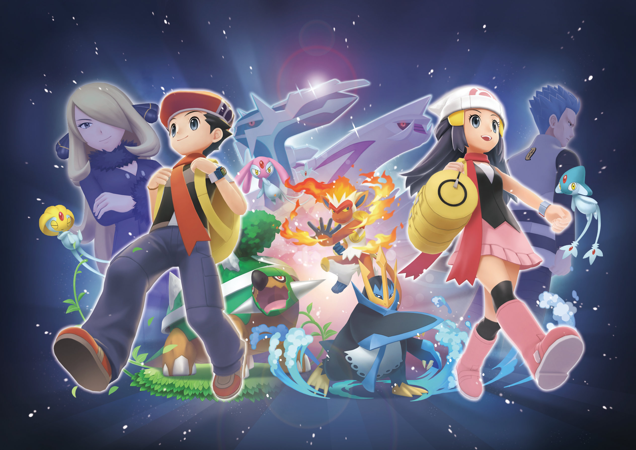 Pokémon Brilliant Diamond & Shining Pearl Artwork of two trainers surrounded by Pokémon over a space backdrop.