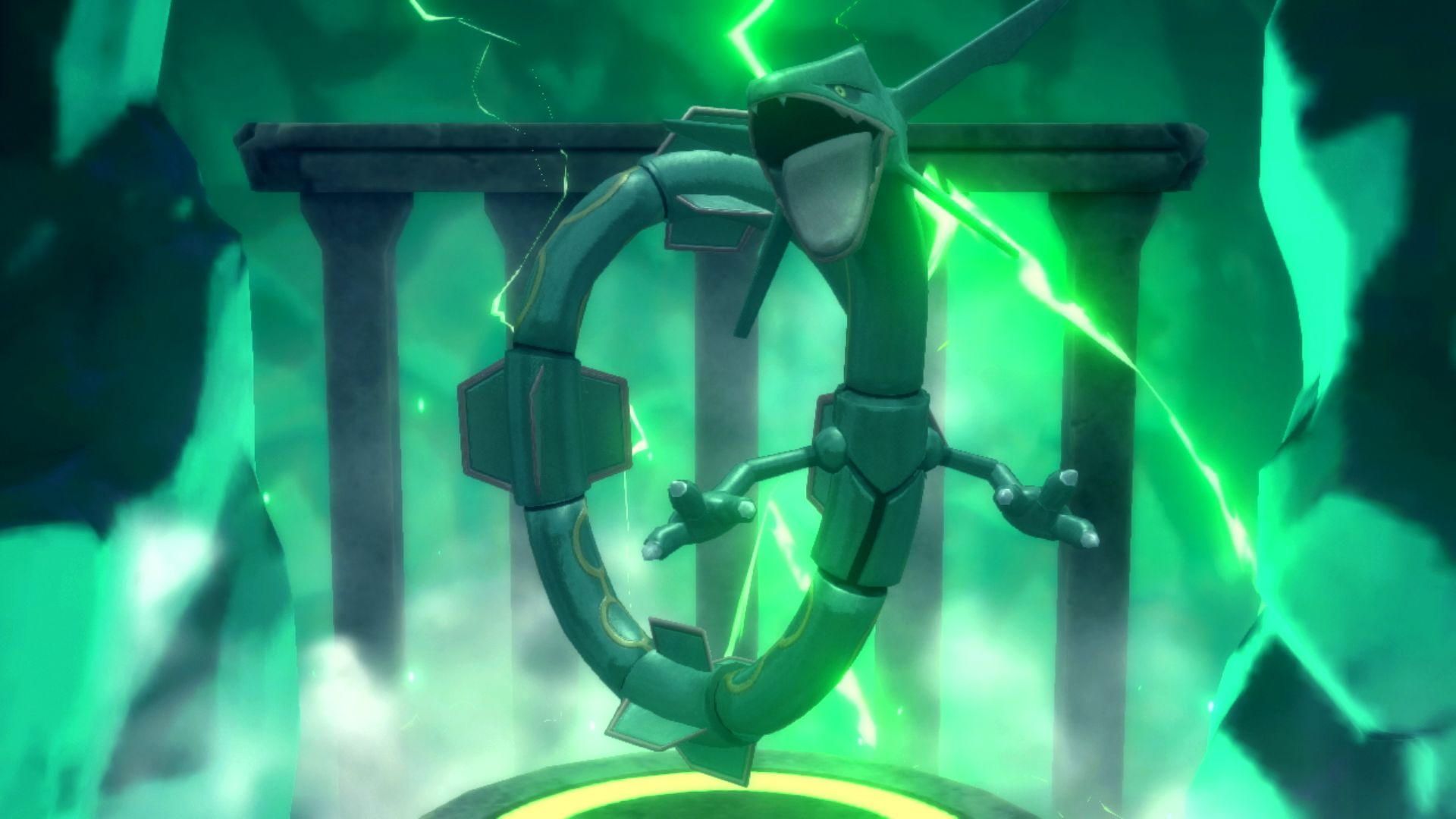 Pokémon Brilliant Diamond & Shining Pearl Screenshot of Rayquaza, a serpent-like dragon pokémon, coiling in the air near a mystical temple, ready to strike.