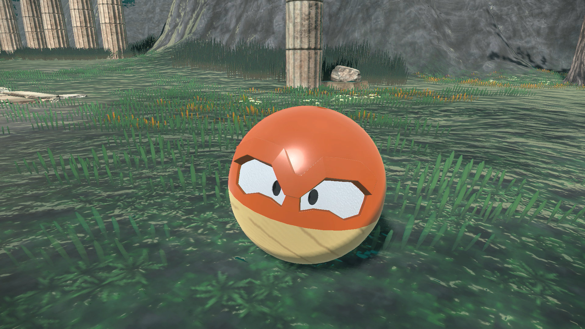 Pokémon Legends: Arceus screenshot of the wooden-styled Hisuian Voltorb on a grassy field.