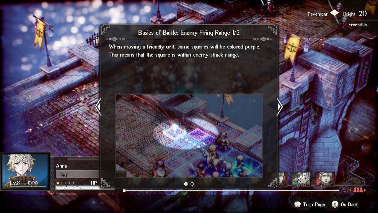 Battle menu with tutorial overlay reading "When moving a friendly unit, some squares will be colored purple. This means the square is within enemy attack range."