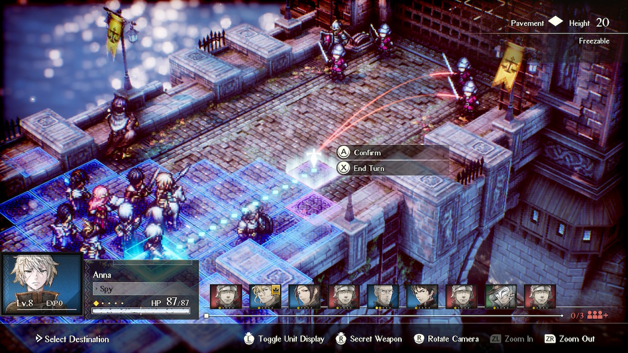 Movement screen showing red lines from enemies in range to the selected movement space.