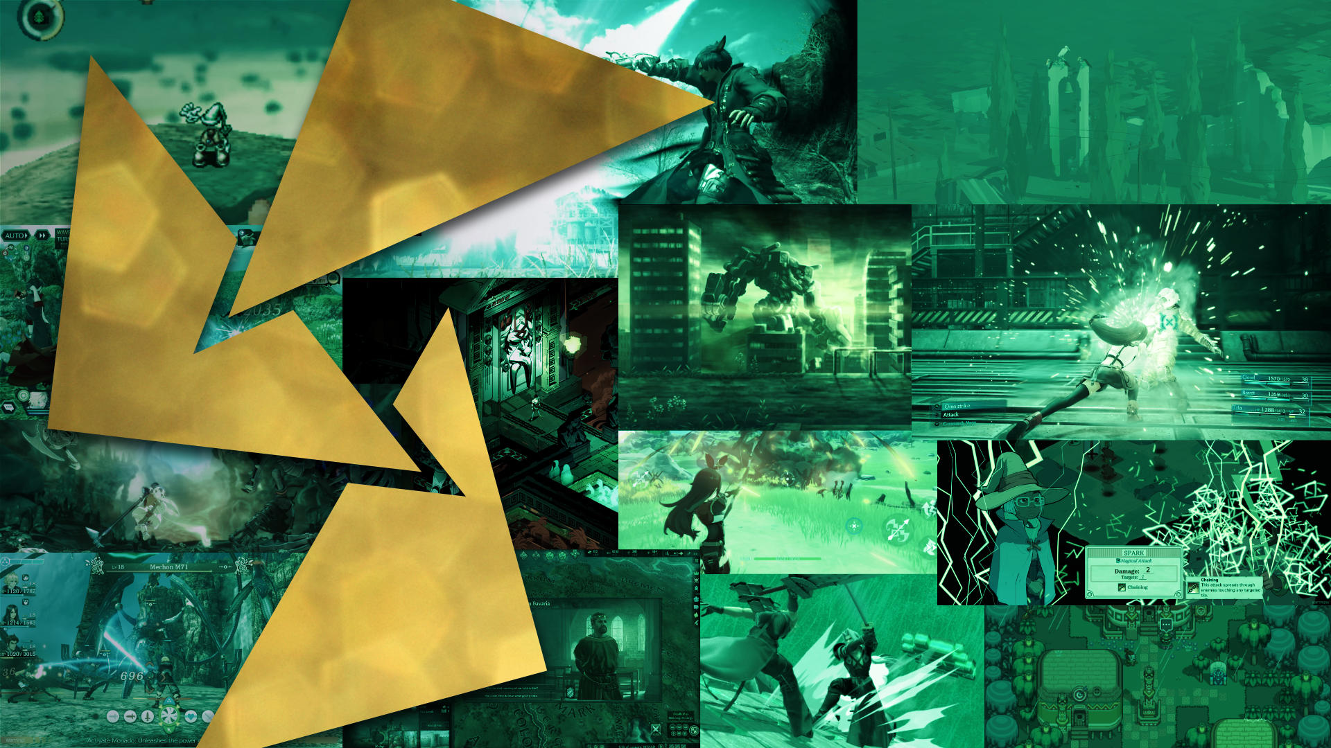 A collage of RPG video game screenshots in a green hue.
